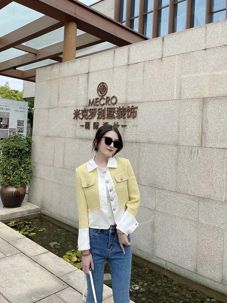 Yellow contrasting color patchwork small fragrant coat for women in autumn and winter 2022, high-end and elegant, short woolen