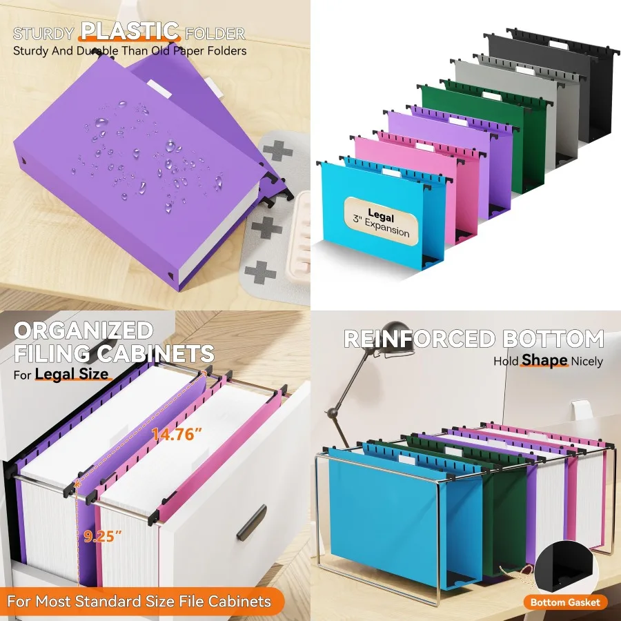 مجلدات ملفات معلقة بحجم قانوني من البلاستيك، 3 مجلدات تعليق معززة شديدة التحمل مع علامات تبويب قابلة للتعديل لـ