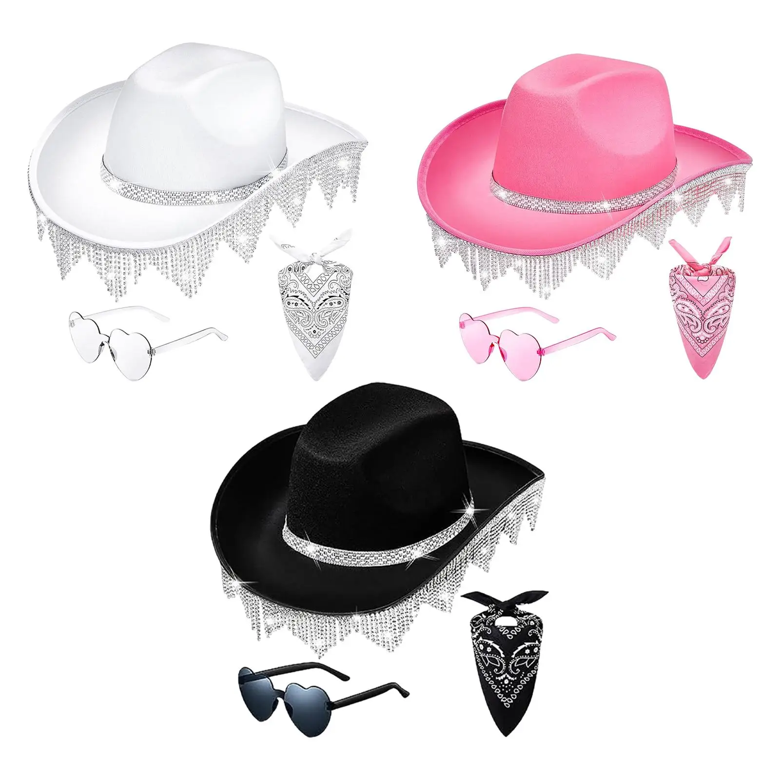 Wide Brim Cowboy Hat with Rhinestone Tassels and Shades for Adults Stage Performance Themed Party Photo Prop Gift Idea