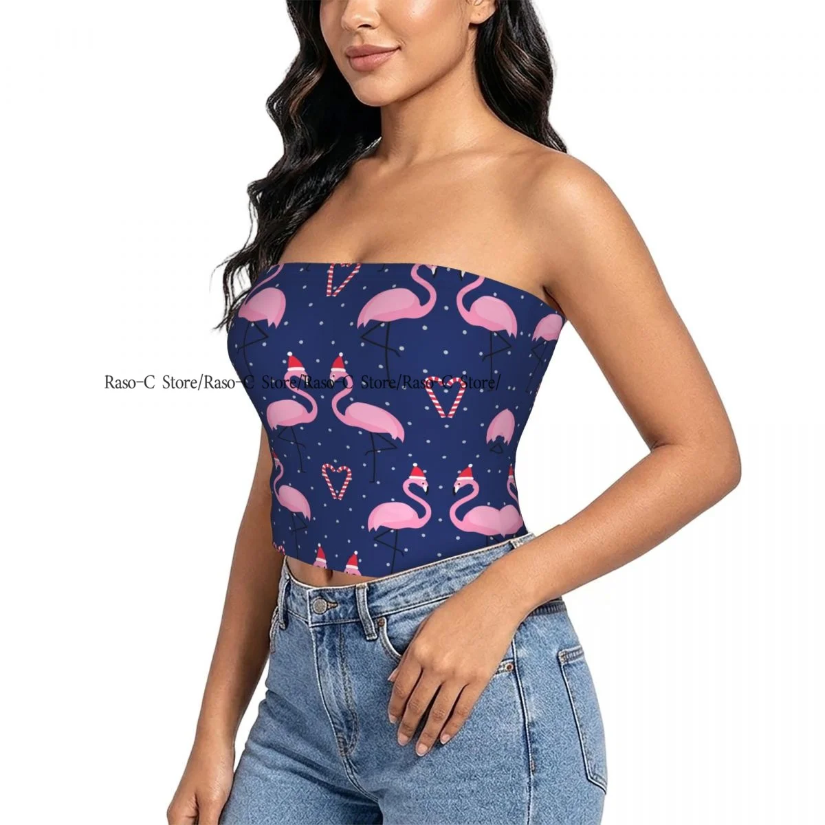 Blusas sin tirantes para mujer, sin mangas, con estampado de flamencos con gorro navideño, bastón de caramelo, corazón y lunares, blusas sexys de manga corta con cuello halter.