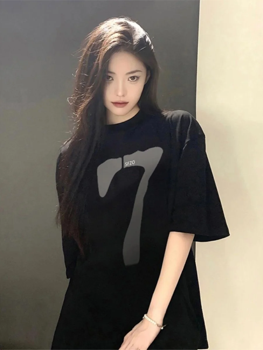 

Американская футболка из хлопка в стиле Hong Kong Sle ort Sve, женская, летняя, новая модель, сенсационный дизайн, маленький размер, большие размеры, чистый хлопок...