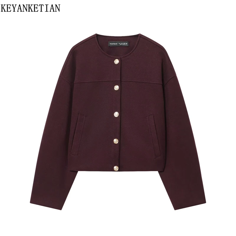 

KEYANKETIAN 2025 Winter New Women's Soft Woolen Short Coat Simple style O-Neck Single Breasted Double Pockets Loose Blazer Top