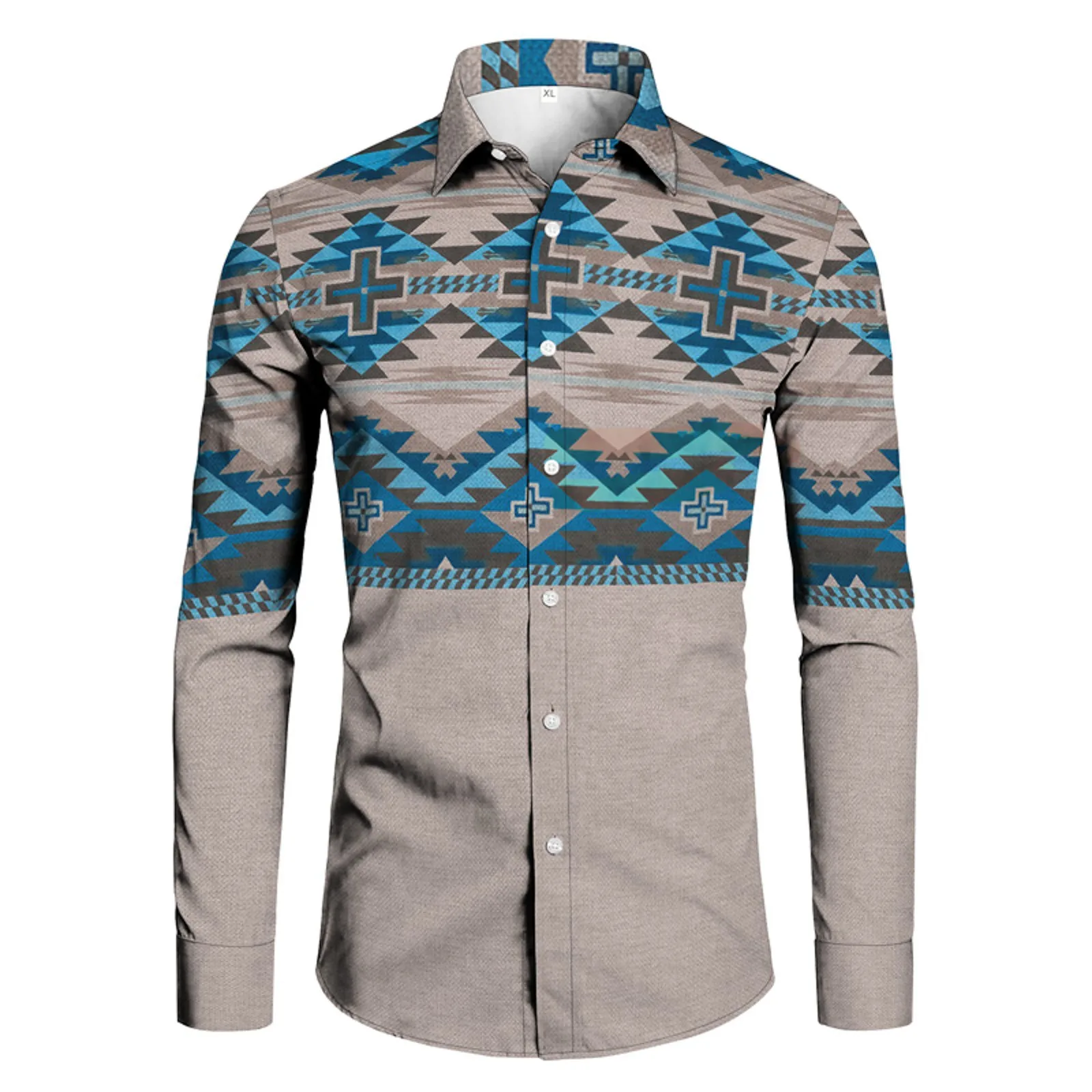 Fashion Long Sleeve Men Shirts Slim Fit Social Casual Aztec Ethnic Rockabilly 3D Print Dress Camisas Flower Retro Plaid Blouse