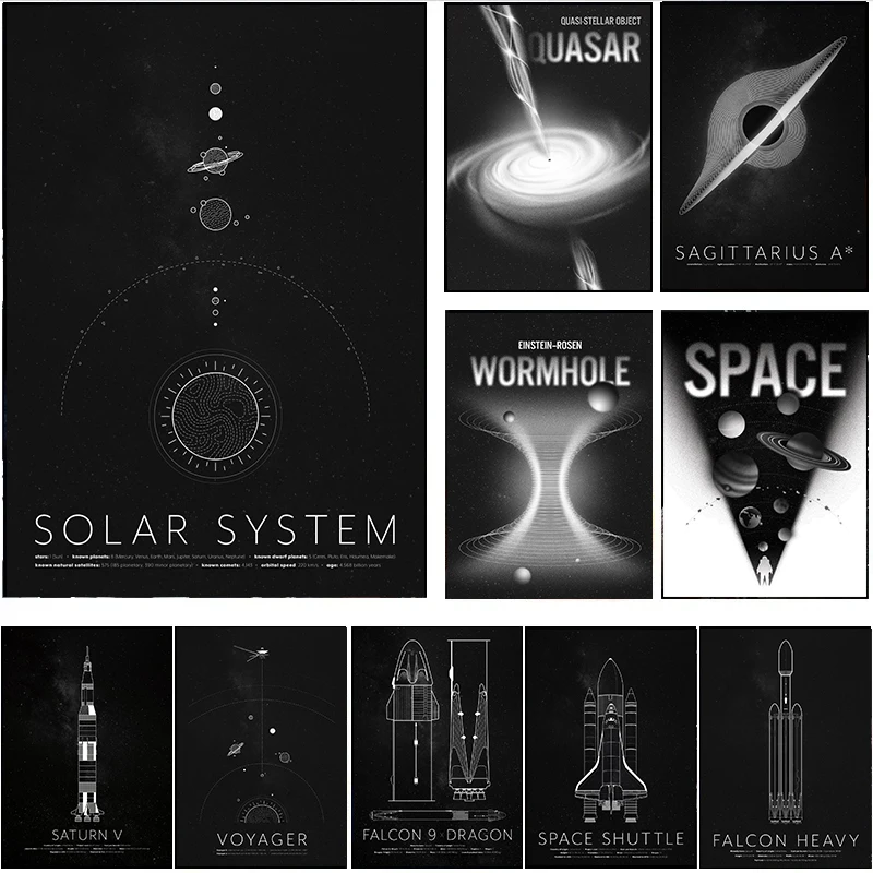 Minimalist Solar System Space Ship Rocket Astronomy Science Poster Canvas Painting Wall Art Pictures Home School Decor Gift