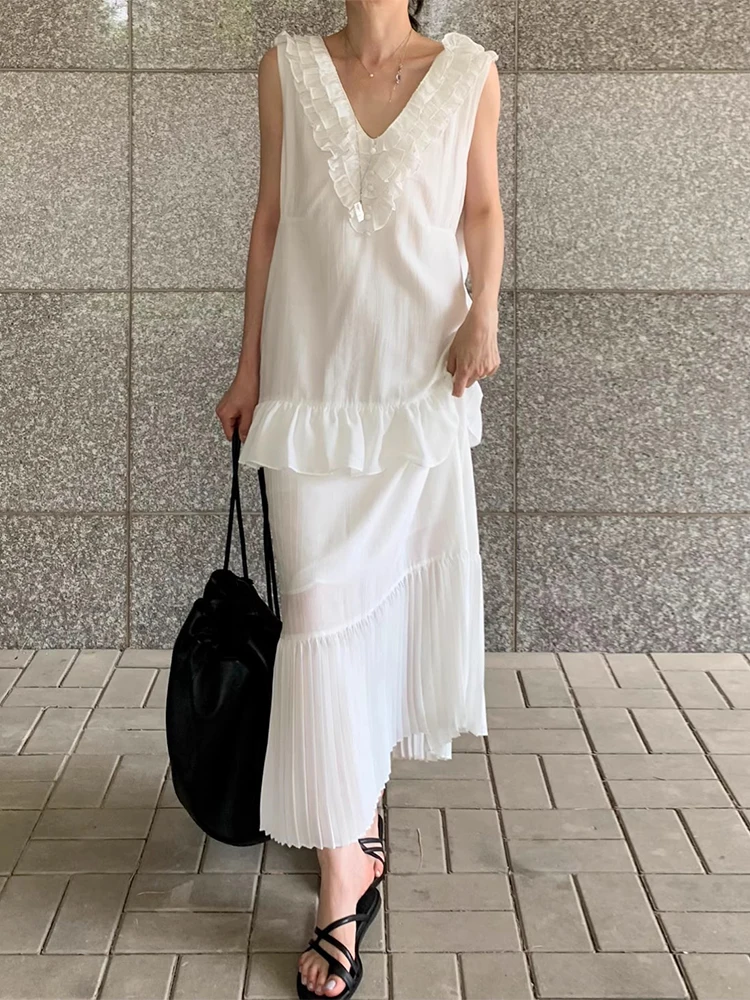 Liangliang デザイン V ネックノースリーブベストドレス女性の夏の新しいスプライシングプリーツロングスカート韓国スタイルルーズウエスト