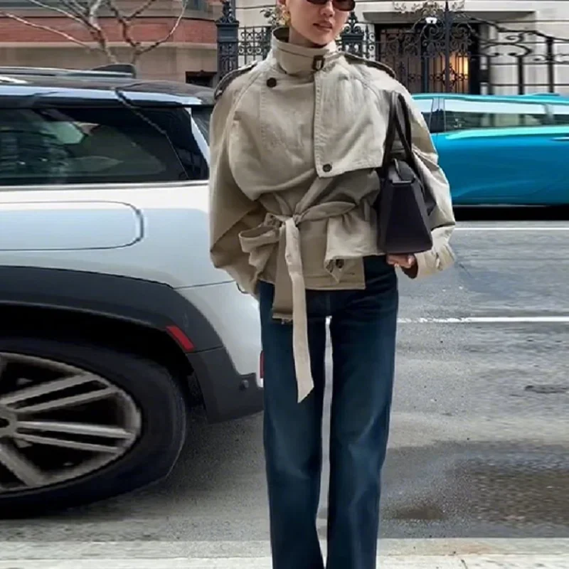 

Модная винтажная куртка цвета хаки со стойкой и воротником-стойкой, шикарный короткий плащ с длинными рукавами для отдыха, новинка 2023 года, осенняя женская верхняя одежда для поездок на работу