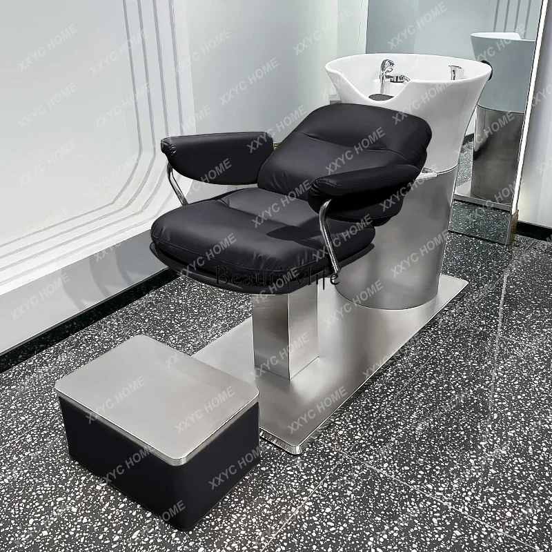 Y1 Fashion salon barber shop ceramic deep basin shampoo bed stainless steel semi-lying flush bed