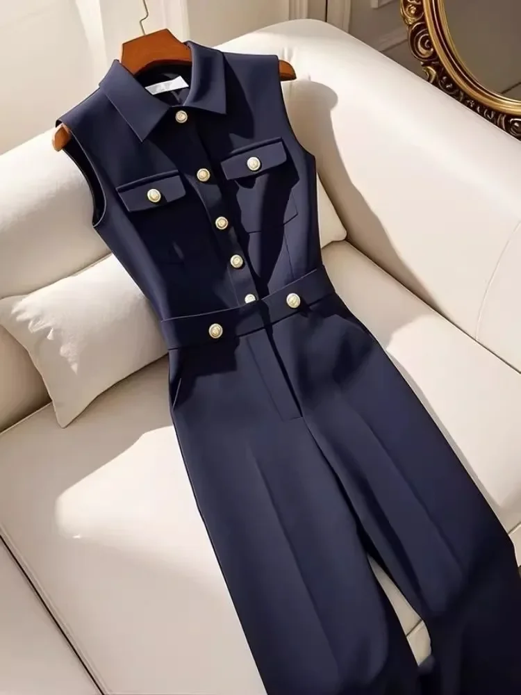 الكورية الرجعية بولو طوق جيوب واحدة الصدر الأزرق الداكن حللا الفرنسية أزياء مكتب سيدة كل مباراة الصيف بذلة طويلة