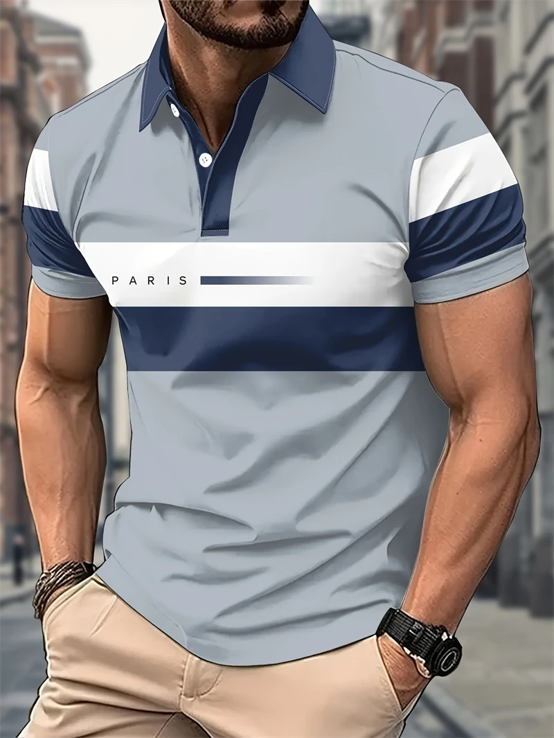 Retro Striped Paris Letters Graphic Polo Shirts For Men Fashion Trendy Short Sleeve 3D Printed Polo Shirt Loose Streetwear Tops