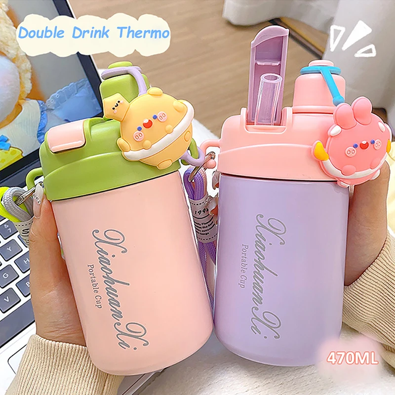 

Cartoon Cute Stainless Steel Insulation Water Bottle Outdoor Double Drink Thermos Cup Portable Children Vacuum Straw Thermal Cup