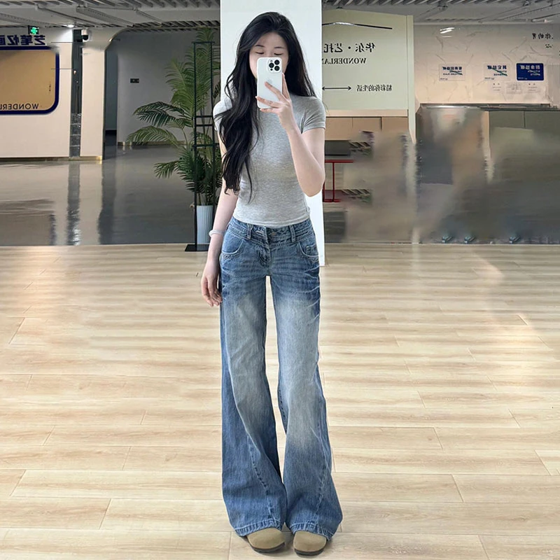 

American Retro Flared Denim Jeans Women plus Size Low Waist Spicy Loose Drapey Wide Leg Floor Length Pants Casual Style