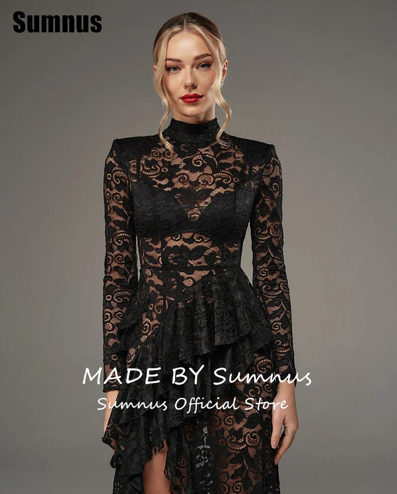 Sumnus abito da ballo a sirena in pizzo nero elegante maniche lunghe abiti da sera sexy con spacco laterale abiti formali illusione personalizzati