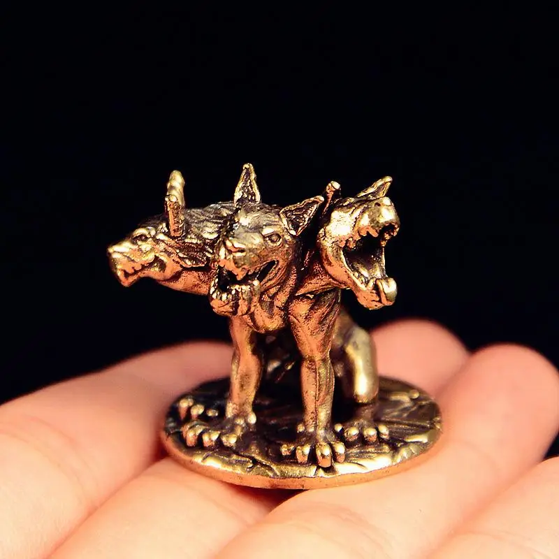 Three Headed Wolf Miniatures Figurines Brass Mythology Animal Small Statue Desktop Ornaments Home Decor Crafts Accessories