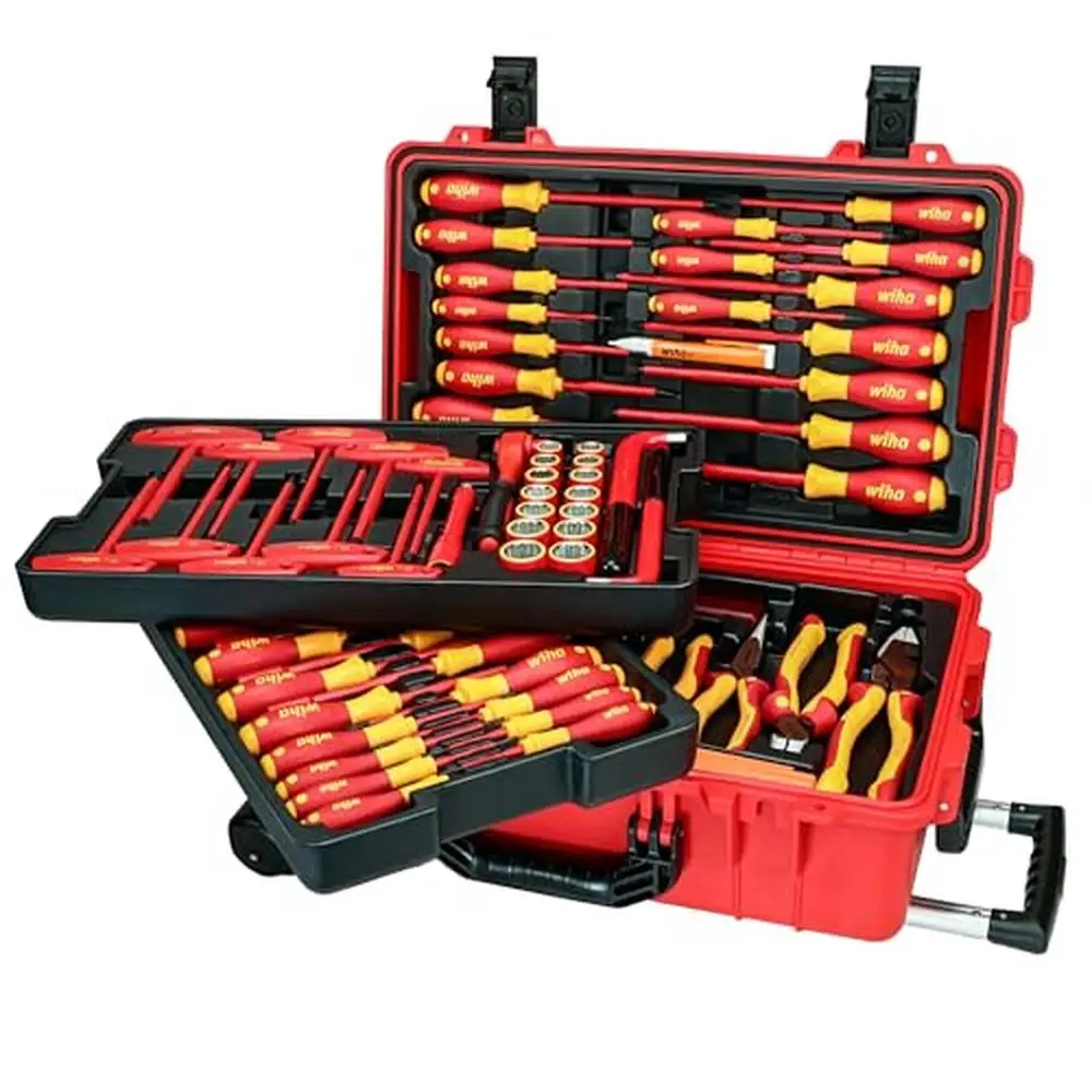 10,000V Insulated Tool Set Screwdrivers Nut Drivers Pliers Cutters Ruler Knife Sockets Rolling Case Volt Lockable Water Tight