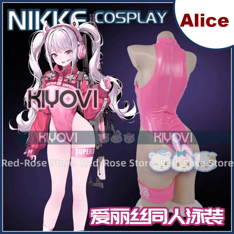 Anime gra NIKKE: bogini zwycięstwa Alice Cosplay różowe bikini z PU stroje kąpielowe kobiety Halloween kostiumy karnawałowe seksowny kombinezon