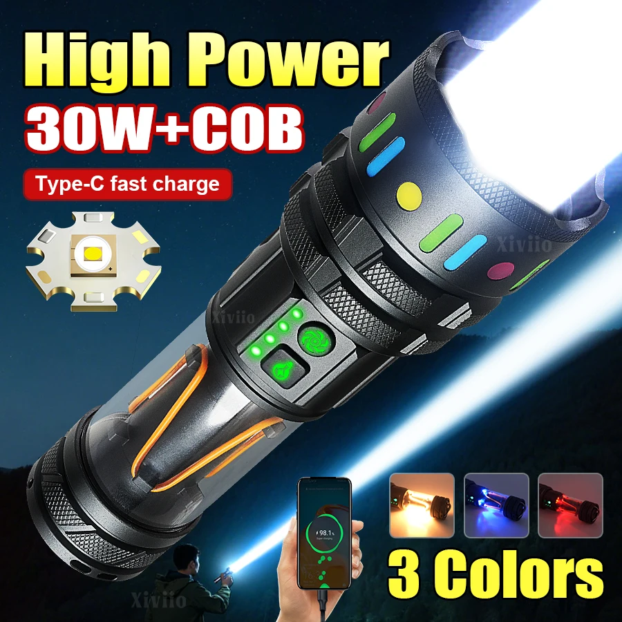 

High Power LED Flashlight 80000000LM Type-C Rechargeable Torch Waterproof Super Powerful Handheld Lantern For Outdoor Camping