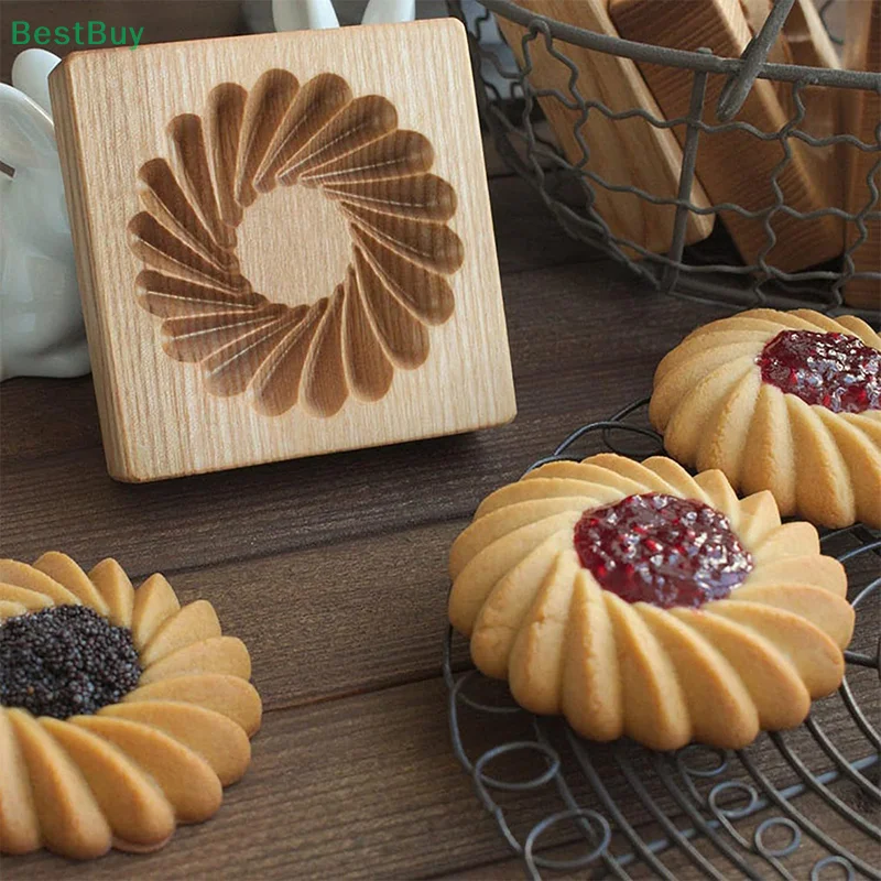 1Pc Sandwich Jam 3D Wooden Cookie Mold Biscuit Stamp Embossing Tool Hand Press Christmas New Year Cookies Cutter Valentine's Day