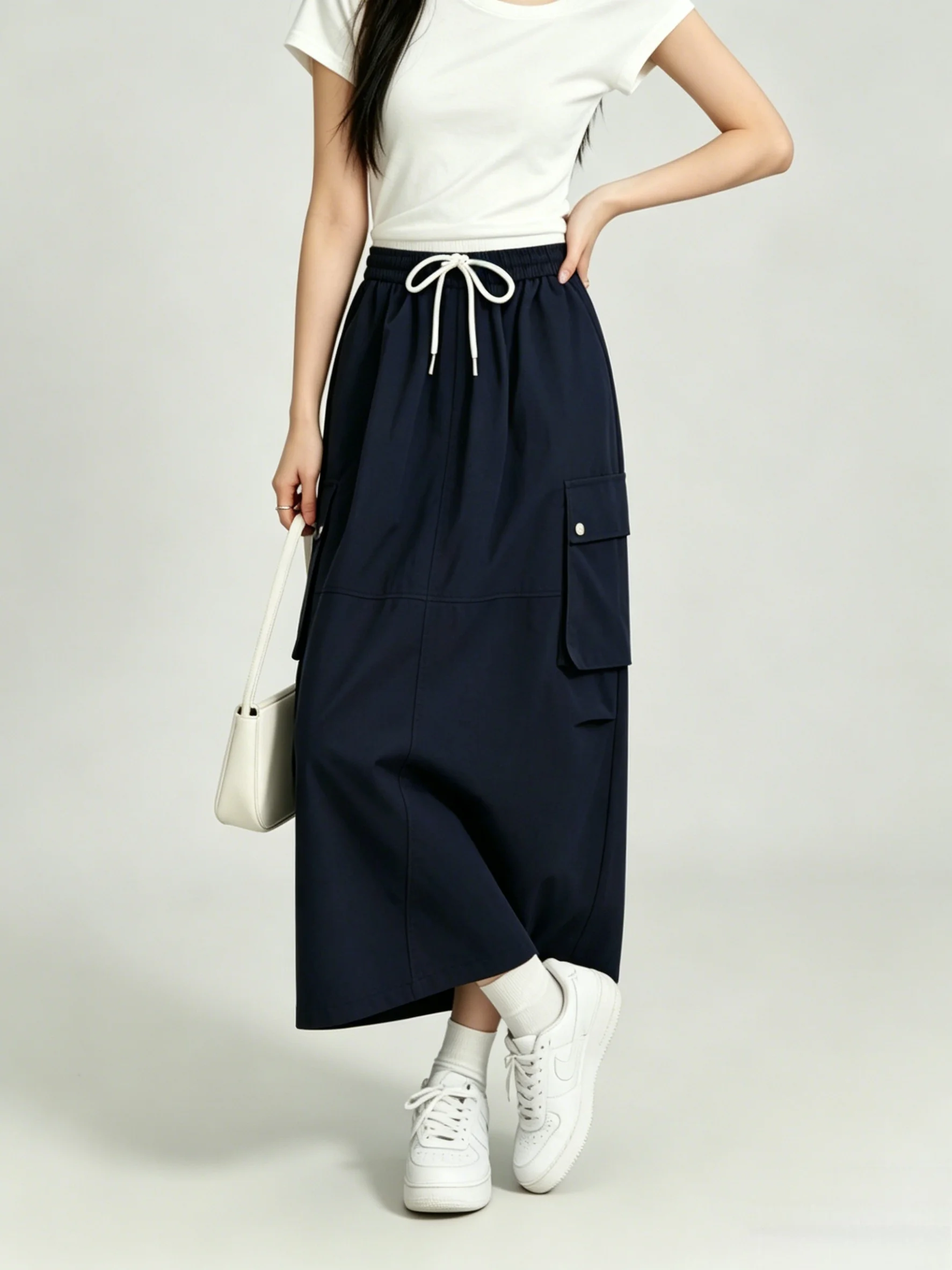Summer Casual Commute Korean Style Simple Color Block Workwear  Skirt Skin-friendly High Waist A-Line Skirt