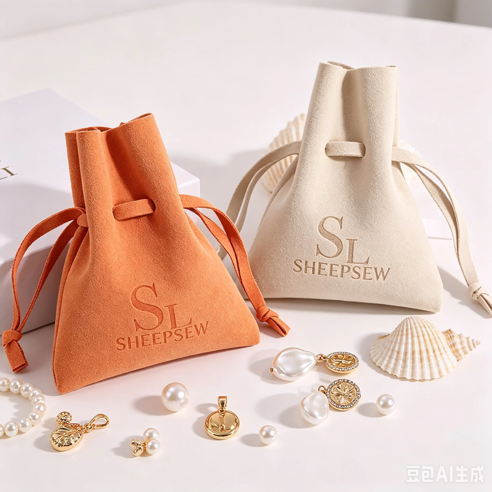 SheepSew Custom Deboss Logo Orange Velvet Microfiber Drawstring Jewelry Pouch Soft Gift Packaging Bag
