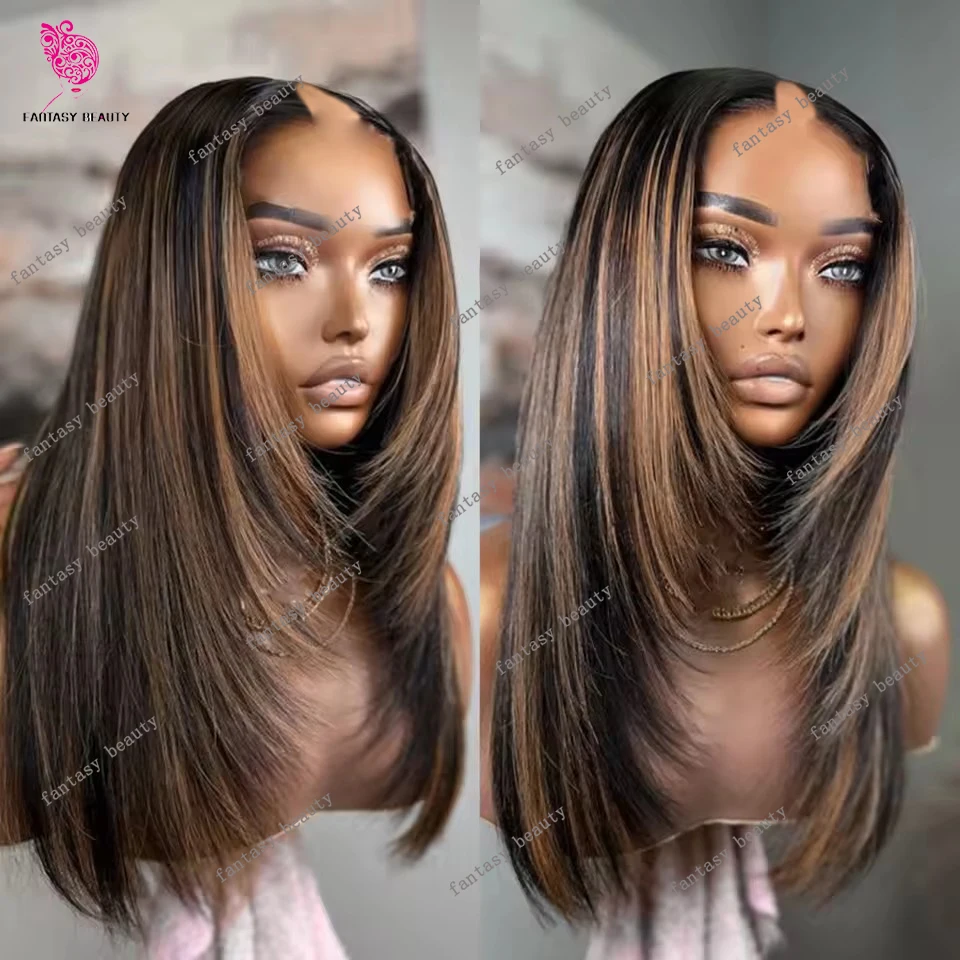 

Ombre Chestnut Brown Blonde Silky Bone Straight V Part Wigs Indian 100% Human Hair Unprocessed U Part Wigs None Lace Half Wigs