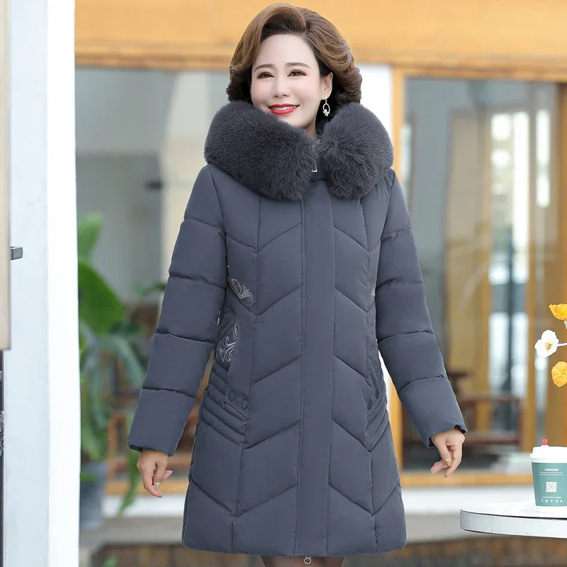 Middle-aged Women\'s Winter Coats Hooded Fur Collar 2023 New Casual Winter Clothes Women Down Jacket Thick Warm Loose Long Parkas