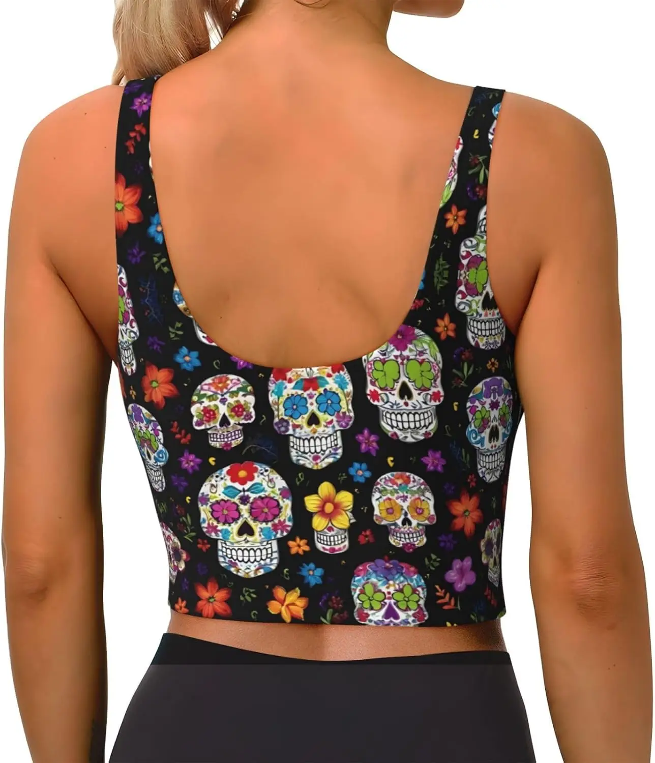 Rompi Olahraga Cetak Tengkorak Bunga Berwarna-warni untuk Wanita, Lembut dan Bernapas, Cocok untuk Kebugaran, dan Pakaian Santai