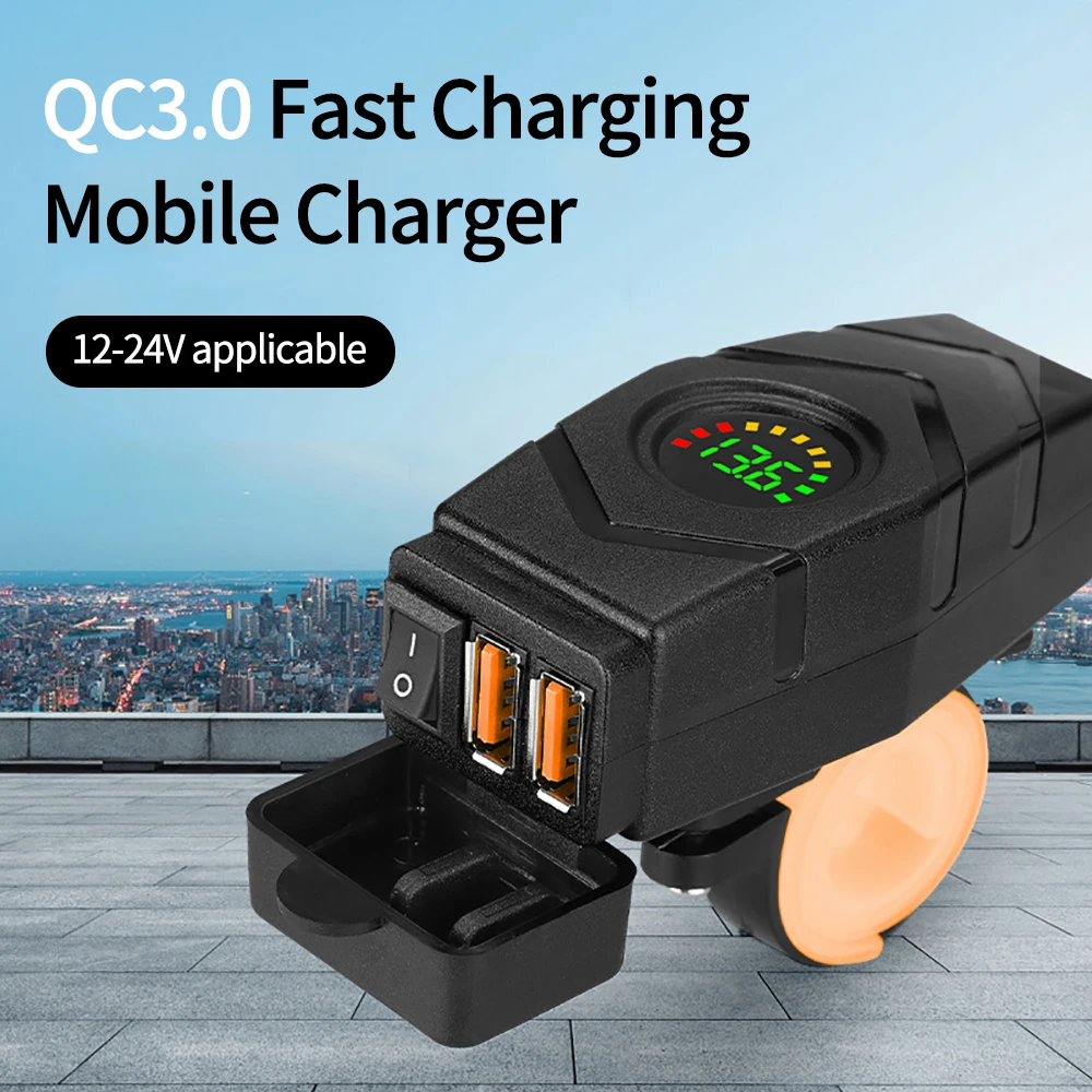 36W Motorcycle Charger Dual USB QC Fast Charger Power Adapter Socket Colourful LED Voltmeter with Switch