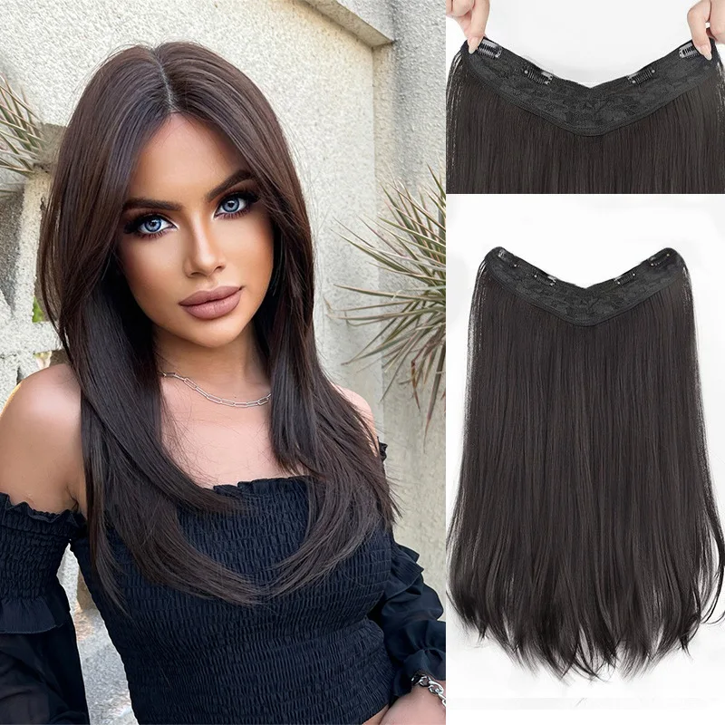 

women's long slightly curly one-piece U-shaped buckle hair volume increase without trace wig piece fluffy invisible extensions