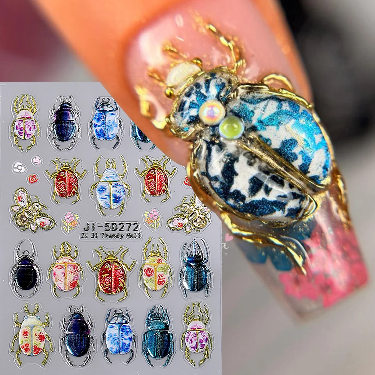 5D Embossed Beetle Nail Sticker, Vintage Floral Insect Nail Art Decal, Colorful Scarab Bug Butterfly Self-Adhesive Nail Decorate view 3
