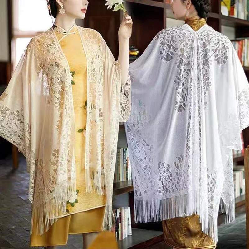 

Women Patchwork Cloak Shawl Jacquard Scarf Polyester Cardigan Tassel Hollow Out Breathable Lace Vintage Ethnic Style Summer Thin