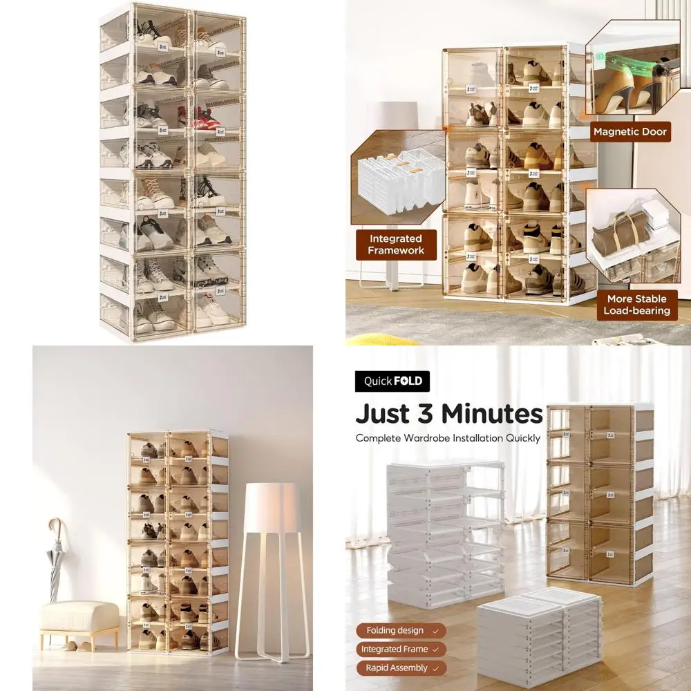 Foldable Plastic Shoe Organizer Rack for Closet and Entryway - Large, Sturdy, Stackable Storage Solution for Living Room