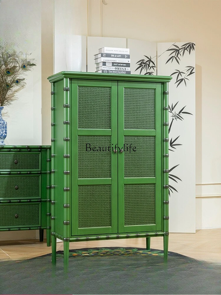 

Hand-woven Rattan Cabinet Green Storage Cabinet Solid Wood Vintage Style Cabinet