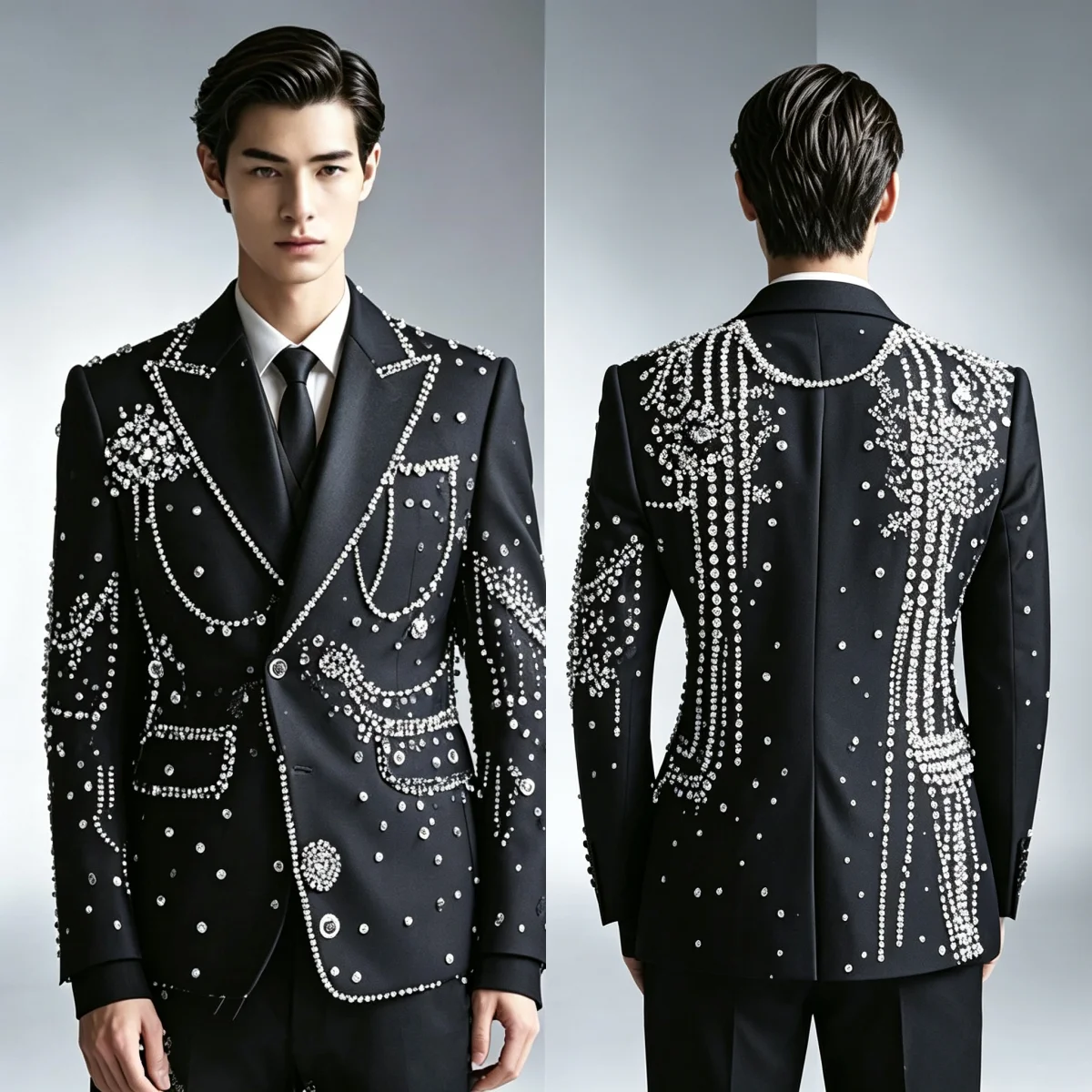 Customized Men Formal Suit Luxury Beaded Crystal Peaked Lapel Two Button Celebrity Night Set Customized 2 Piece Evening Wear