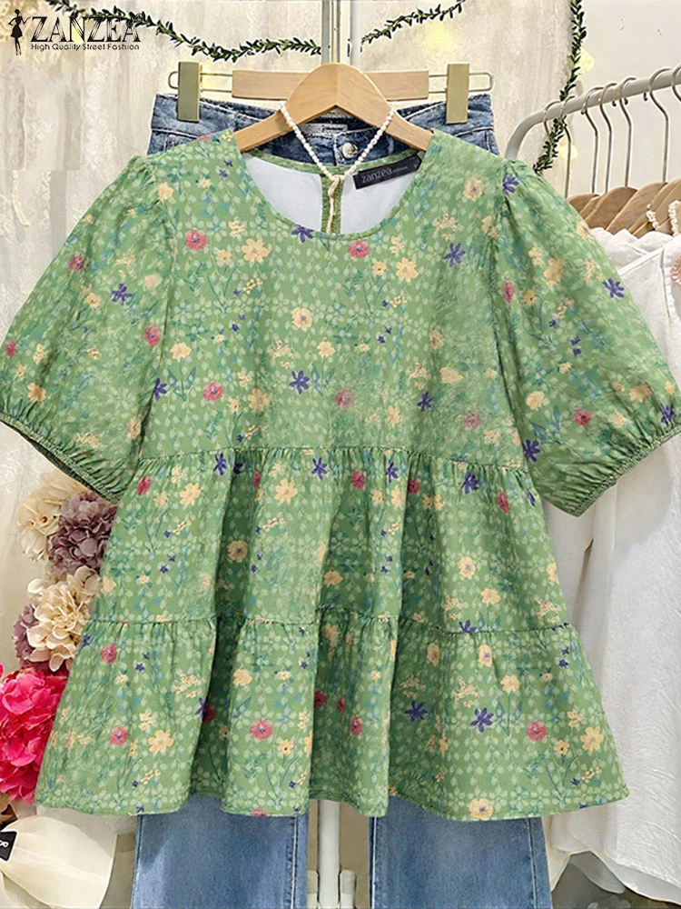 

ZANZEA Vintage Floral Printed Blouses Short Sleeve Tops O Neck Summer Blusas 2025 Women Tunics Casual Loose Pleated Shirts
