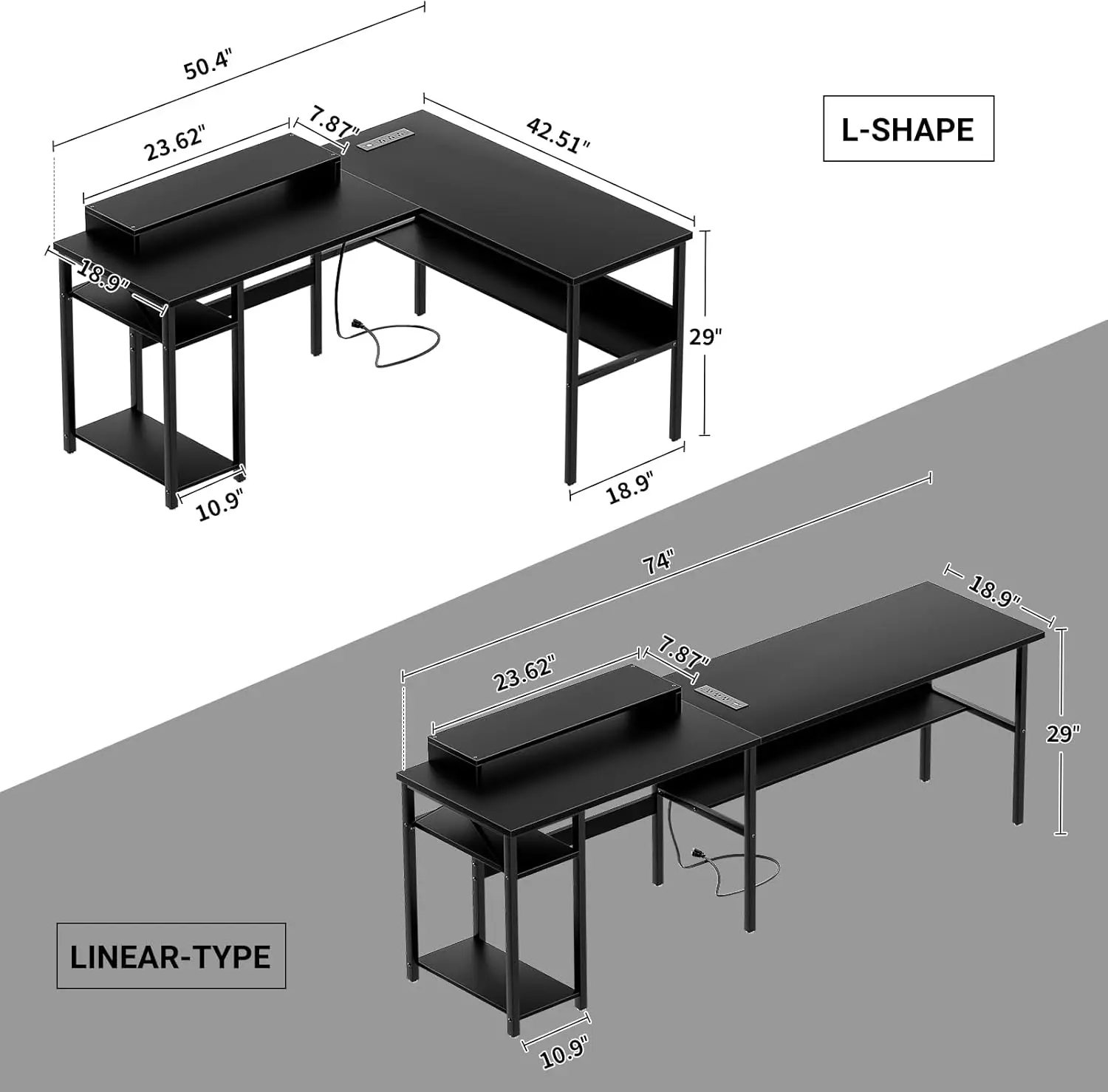 Escritorio Reversible en forma de L con tomas de corriente mágicas y luz LED inteligente, computadora de escritorio de esquina resistente, negro