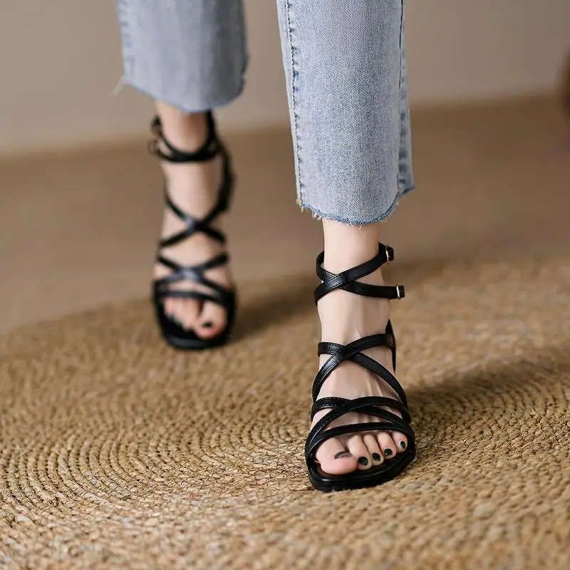 Sandals for Women Sexy Chunky Block Heel Stripper Leather Thick Woman Shoes Strappy Luxury Summer Footwear Chic and Elegant H F