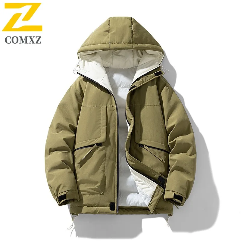 

COMXZ Men Cotton Padded Jacket New Thick Solid Color Windproof Travel Snowboarding Padded Jacket Camping Techwear Winter Jacket