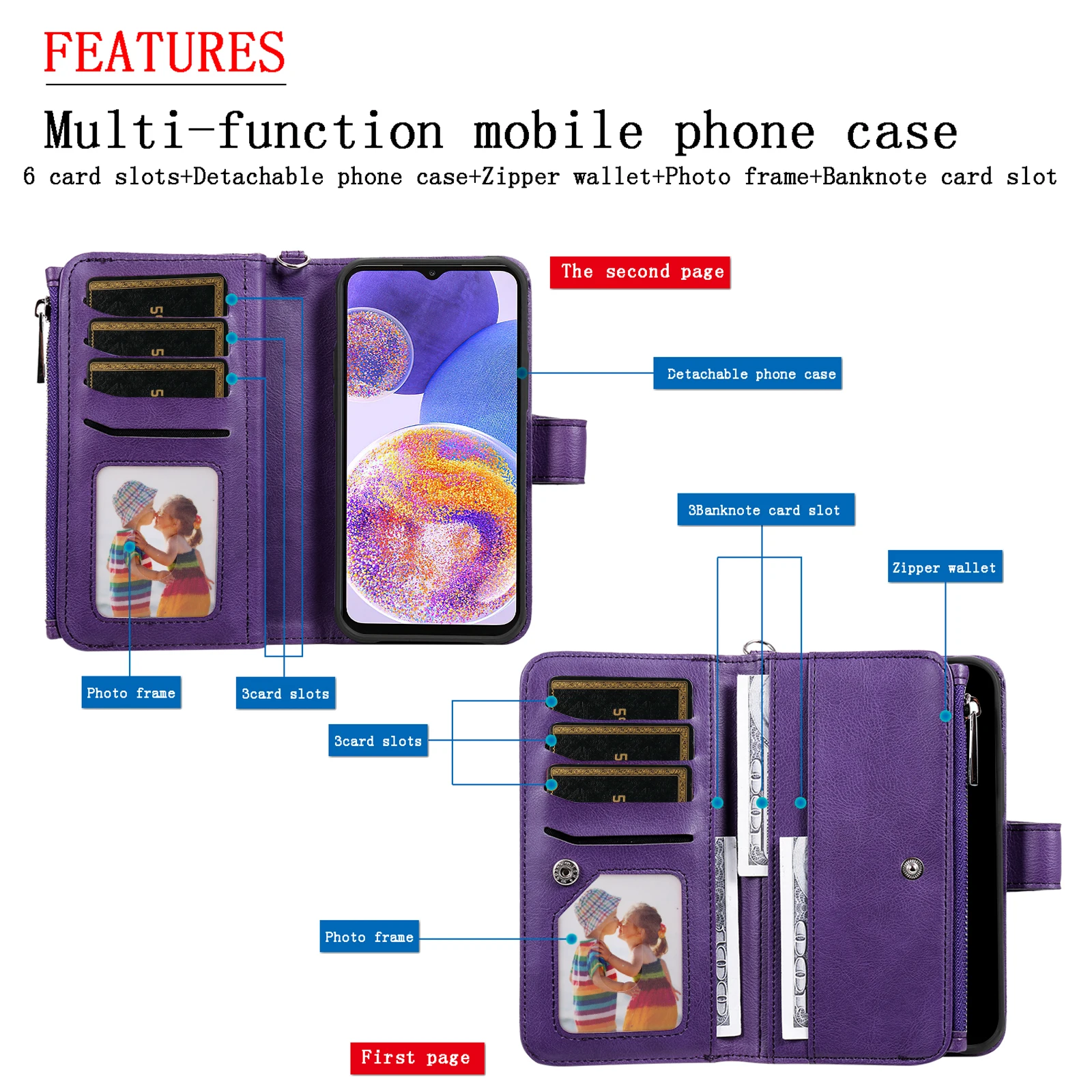 Zamek skórzany portfel magnetyczny odpinany etui do Samsung Galaxy S22 Ultra S21 FE S20 A52 A13 A23 A33 A53 A12 karty Solt okładka — zdjęcie produktu 3