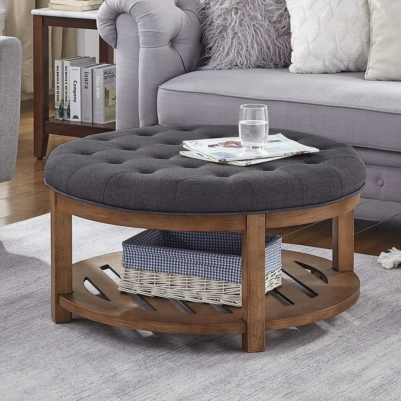 

Large Round Upholstered Tufted Linen Ottoman Coffee Table, Large Footrest Ottoman with Wood Shelf Storage-Charcoal