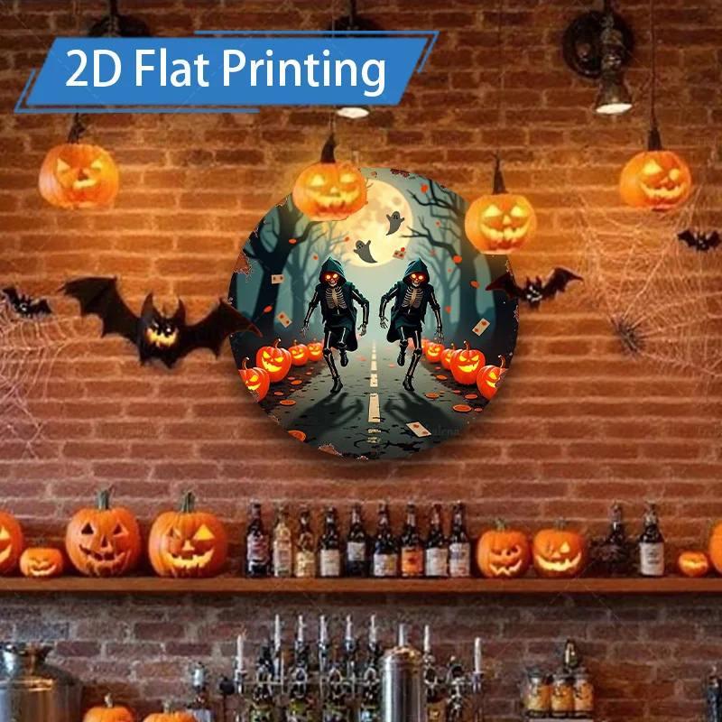 

1pc Metal Sign, 4x16inch Halloween Skeletons Pumpkin Path Flat Printing Tin Sign Bar Decor