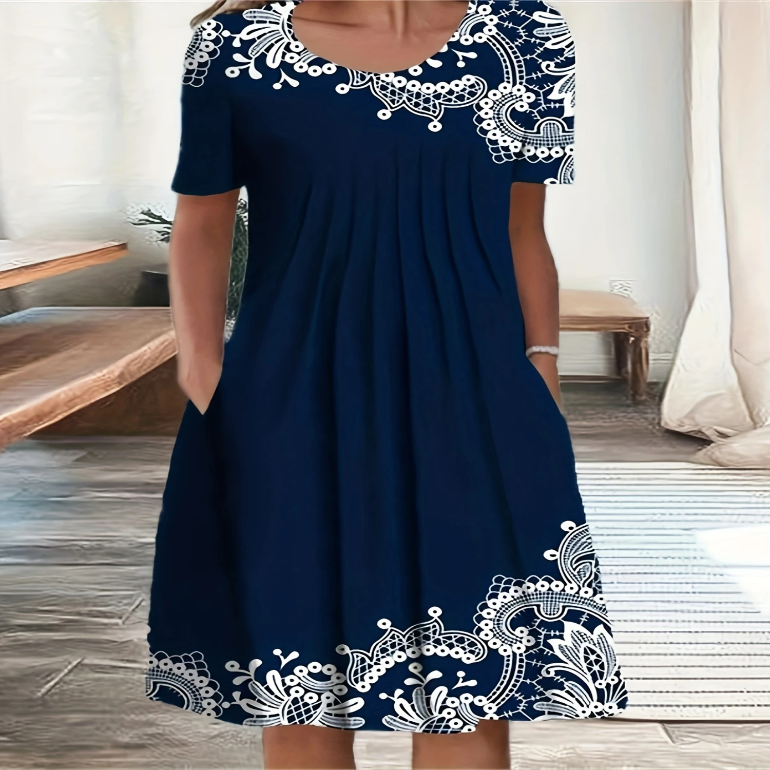 Plus Size Floral Charm - Womens Comfortable Short Sleeve Dress with Flirty Plicated Neckline and Handy Pockets, Casual Knee-Leng