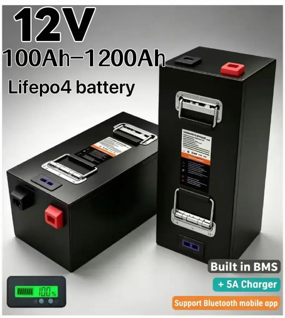 Batería de litio LiFePO4 12V gran capacidad 100Ah-1000Ah con BMS Bluetooth, batería recargable ciclo profundo, compatible con in