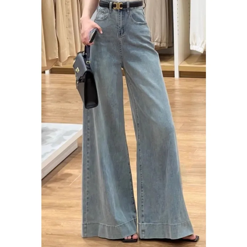 Jean délavé Vintage pour femme, pantalon taille haute, jambes larges, drapé, ample, longueur au sol, nouvelle collection automne