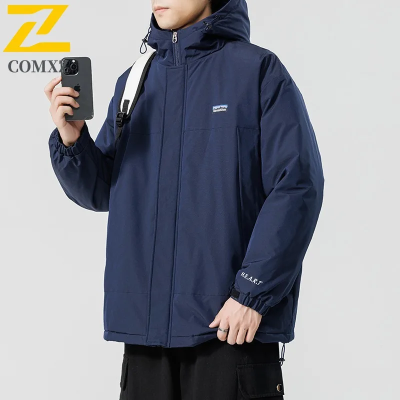 COMXZ 2025 Couple Hooded Cotton coat Hong Kong Style Autumn Winter Waterproof Down Cotton Thick Loose Casual Versatile jacket