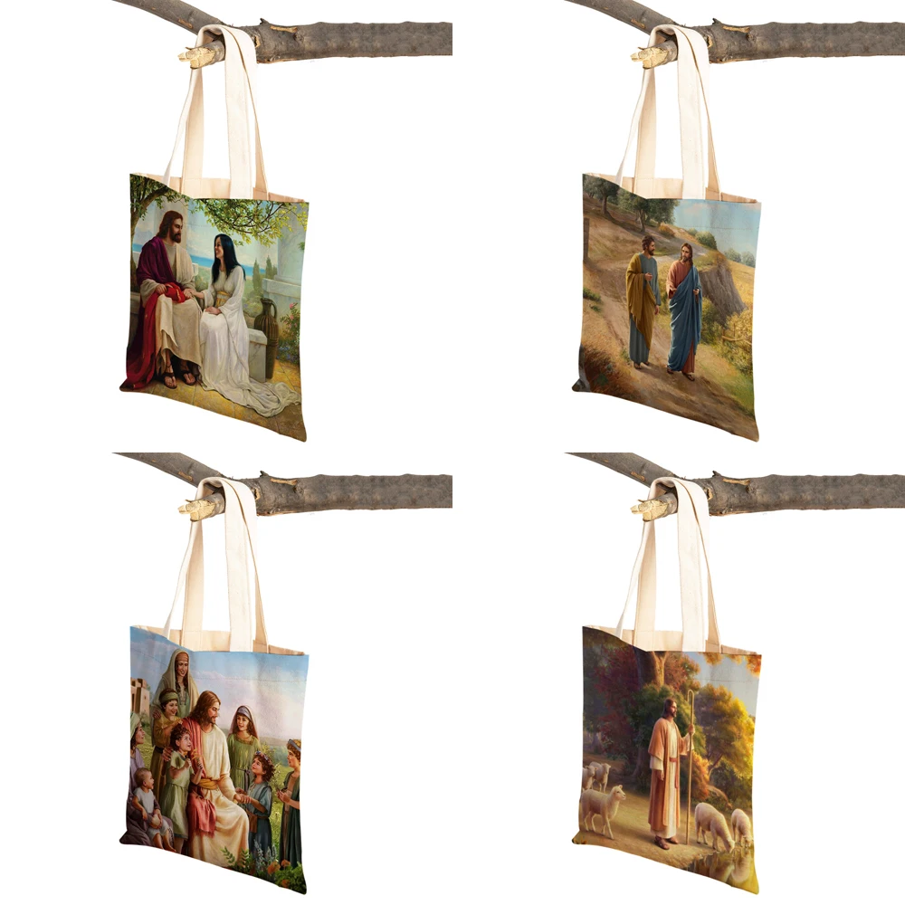 Vintage Jesus Print Lady Student Tote Handbag Cartoon Christ Savior Reusable Foldable Casual Canvas Shopping Bag