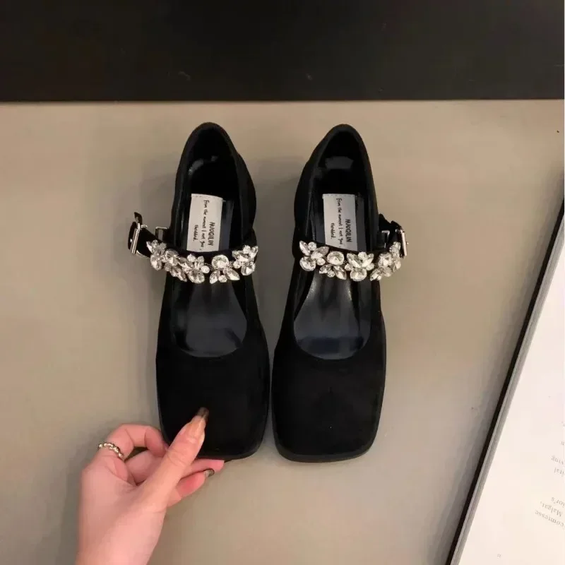 

Mary Jane Leather Shoes Women Retro Thick-soled Black Shallow Mouth Rhinestones Thick Heel Single Shoes Black low-heeled shoes