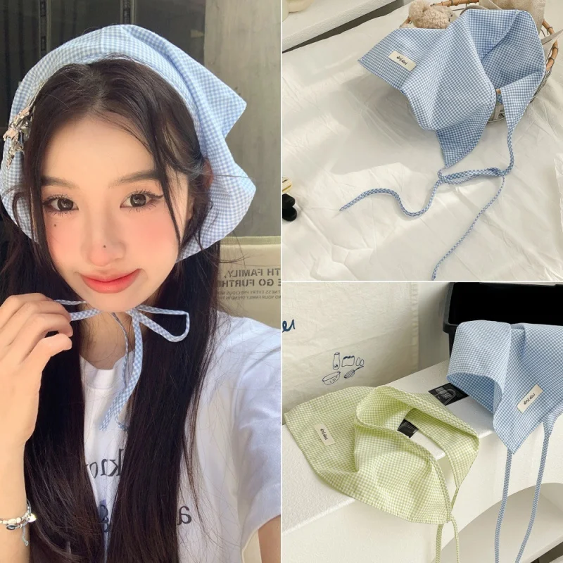 

Sweet and youthful small checkered scarf women, pastoral style cotton headscarf, elegant and gentle girlish ac