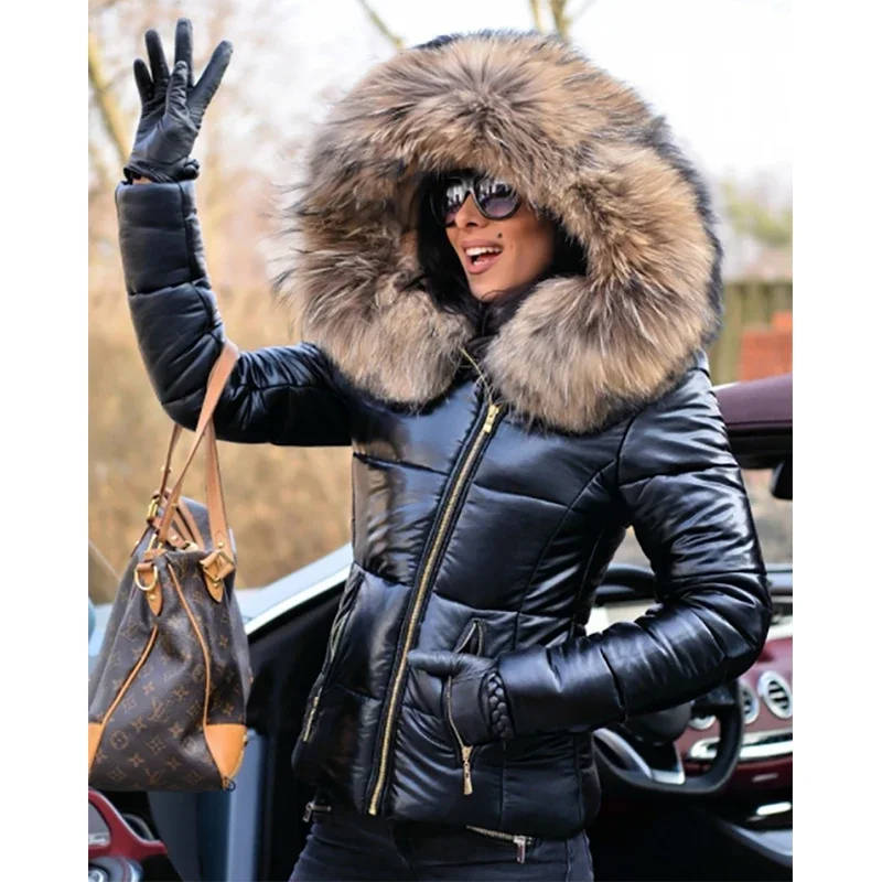 Women\'s Winter Warm Quilting Thickened Snow Coat Short Solid Color Hooded Fur Collar Fashion Cotton-padded Jacket Waterproof