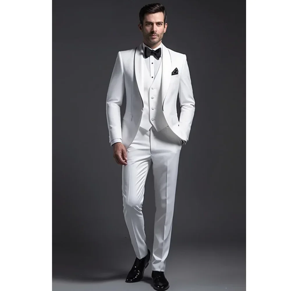 Elegant White Suits for Men 3 Piece Chic Shawl Lapel Single Button Suit Prom Party Wedding Tuxedo Slim (Blazer+Vest+Pants)