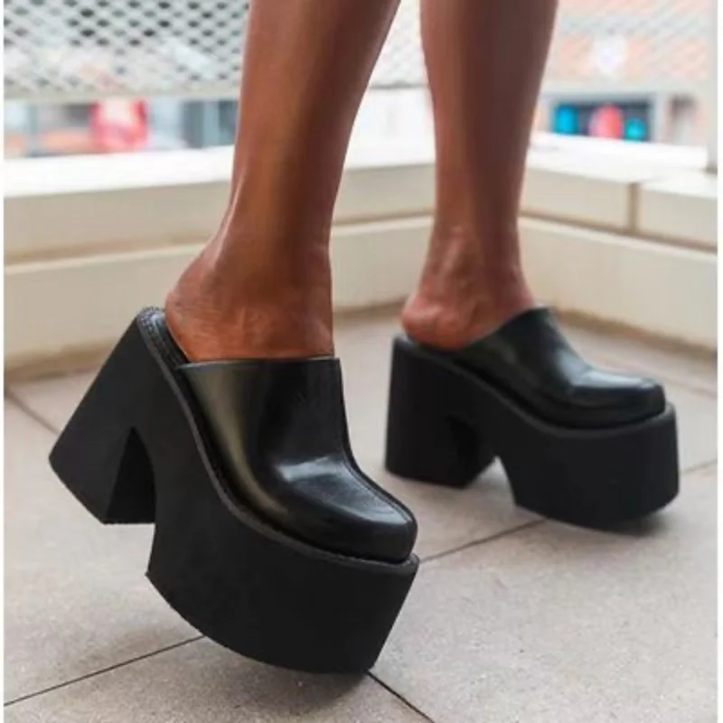 New Fashion Black Platform Wedge Round Head Pumps Black Slippers High Heel Shoes Woman Sexy Platform Chunky Heel Toe Slippers